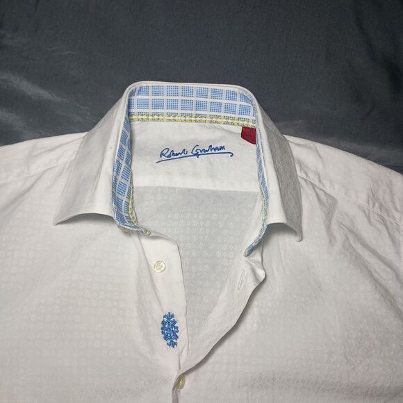 Robert Graham Textured Jacquard Pattern Shirt Medium White Embroidered Flip Cuff - Picture 5 of 16